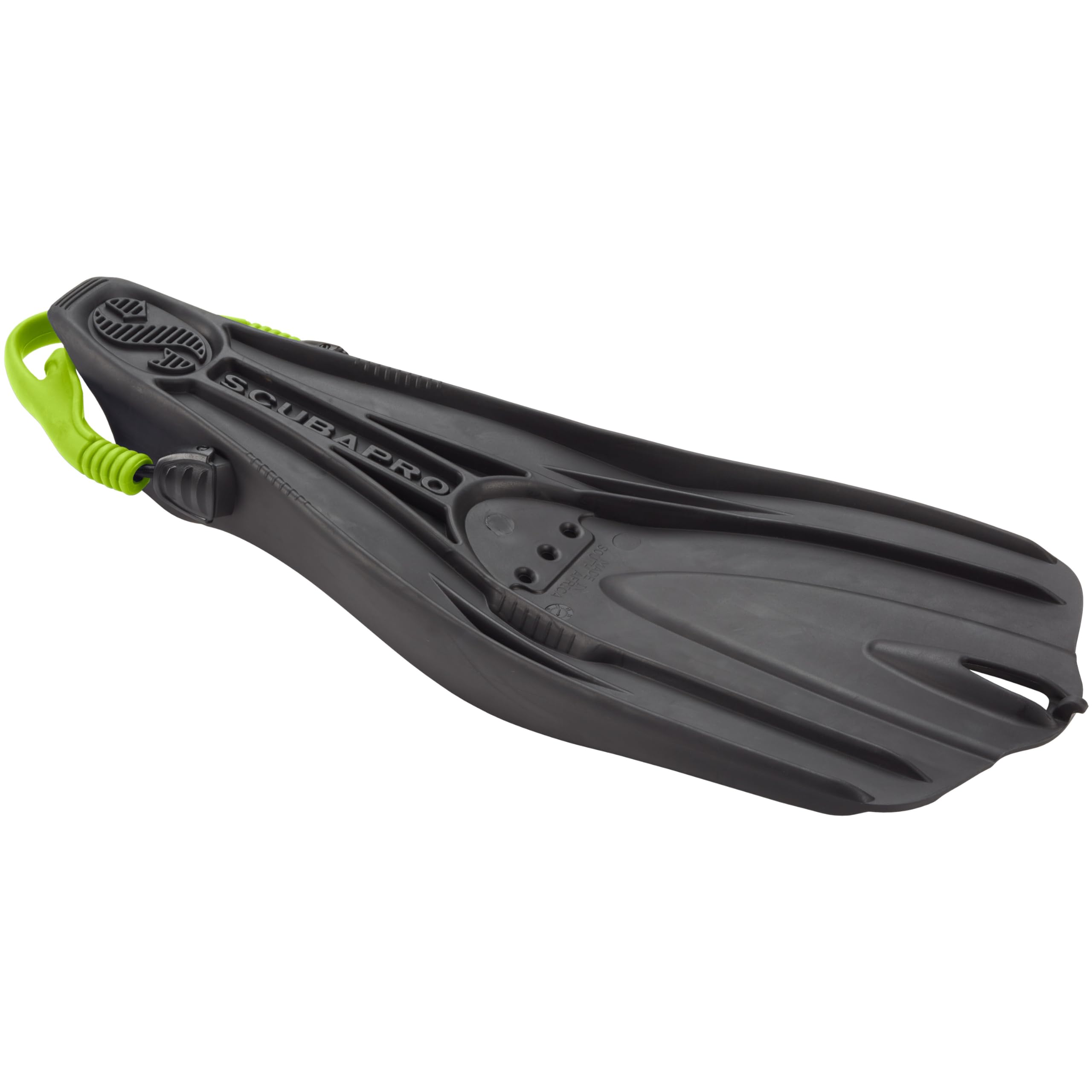 SCUBAPRO GO Travel Scuba Diving Fin for Snorkeling, Diving and Swimming, Black Fin with Green Bungee Open Heel Strap, 2XS