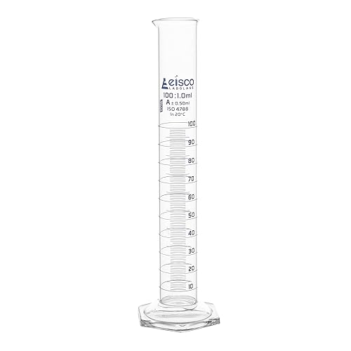 Vista 21 de EISCO Cilindro graduado, 67.6 fl oz - Tolerancia clase A ±10.0.0 fl oz - Base hexagonal - Graduaciones azules - Vidrio de borosilicato 3.3