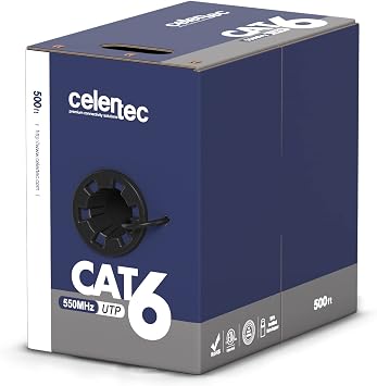 celertec CAT6 Ethernet Cable, 500ft, 23AWG Solid Bare Copper, Unshielded Twisted PairsUTP, 550MHz, ETL Listed &CMR Riser Rated, Indoor, Bulk Ethernet Cable -Black