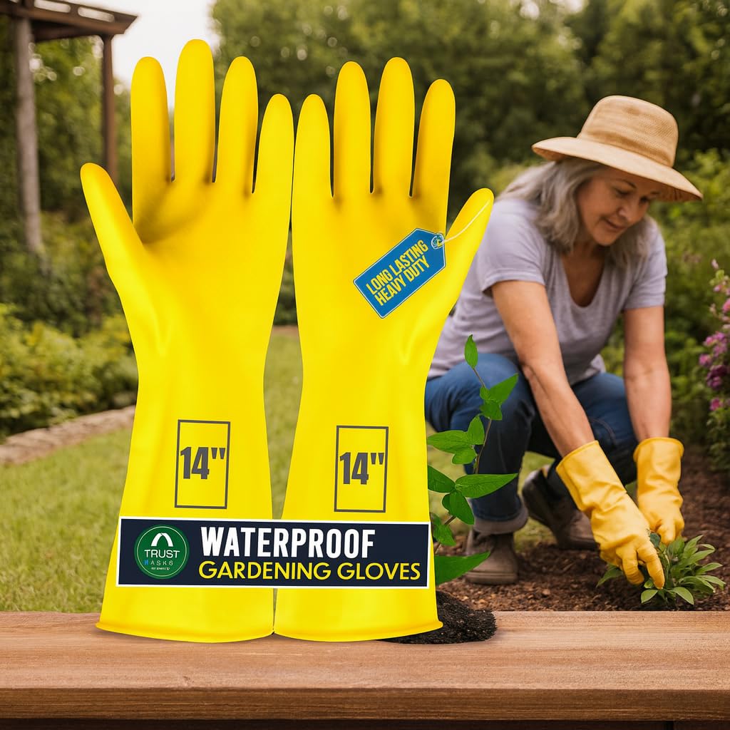TrustBasket 14 Inch Thick & Heavy Duty Latex Rubber Gardening Gloves - Long Hand Gloves for Garden Work - Handling Accessories Tools for Home Garden
