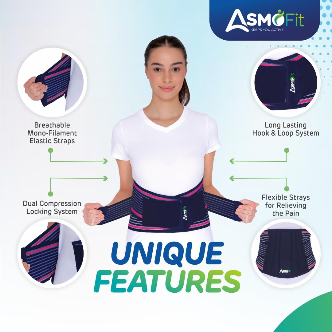 Asmofit Lumbar Sacral Belt for Lower Back Pain Relief | Adjustable Back Support Belt for Waist Support & Injury Recovery | Lumbo-Sacral Belt for Men & Women -Pink (28-44 Inches,Universal) - Image 3 thumbnail