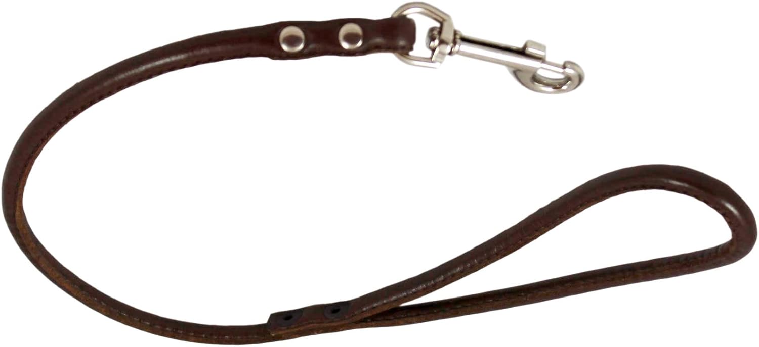 Round Genuine Rolled Leather Dog Short Leash 24" Long 3/8" Wide Brown for Medium Breeds