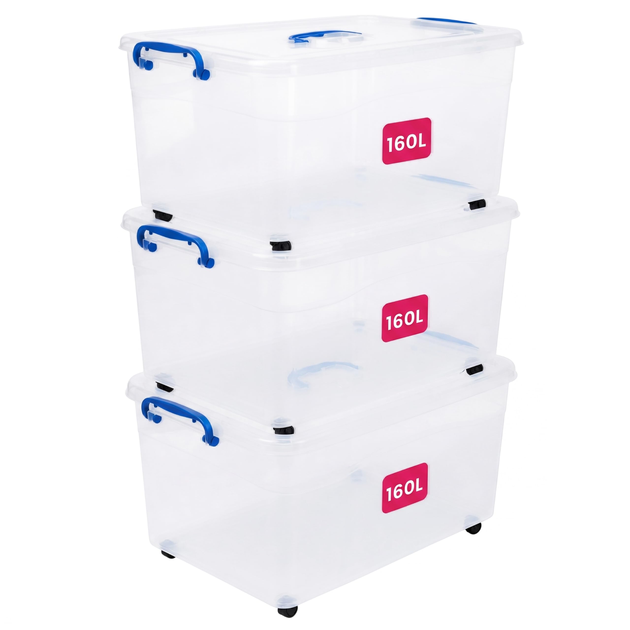 STL 3 x 160L Storage Boxes with Lids And 4 Wheels, Clip-Lock Lid, Stackable Clear Plastic Storage Containers With Lid For Home, Kitchen, Moving, Garage & Office (Set Of 3)