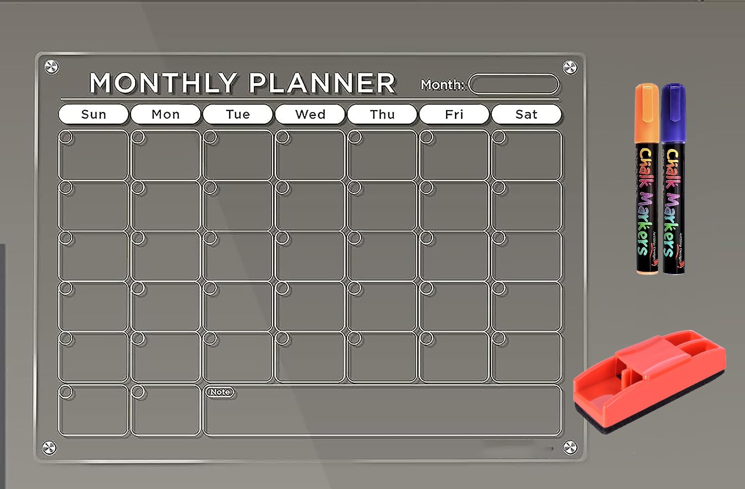 True-Ally Acrylic Glass Clear Calendar for Fridge Magnetic Board Calendar for Refrigerator, Monthly Planner Includes 2 Markers and Magnetic Duster(16"x12"Inches) (Montly Panner + 2 Chalk Marker)