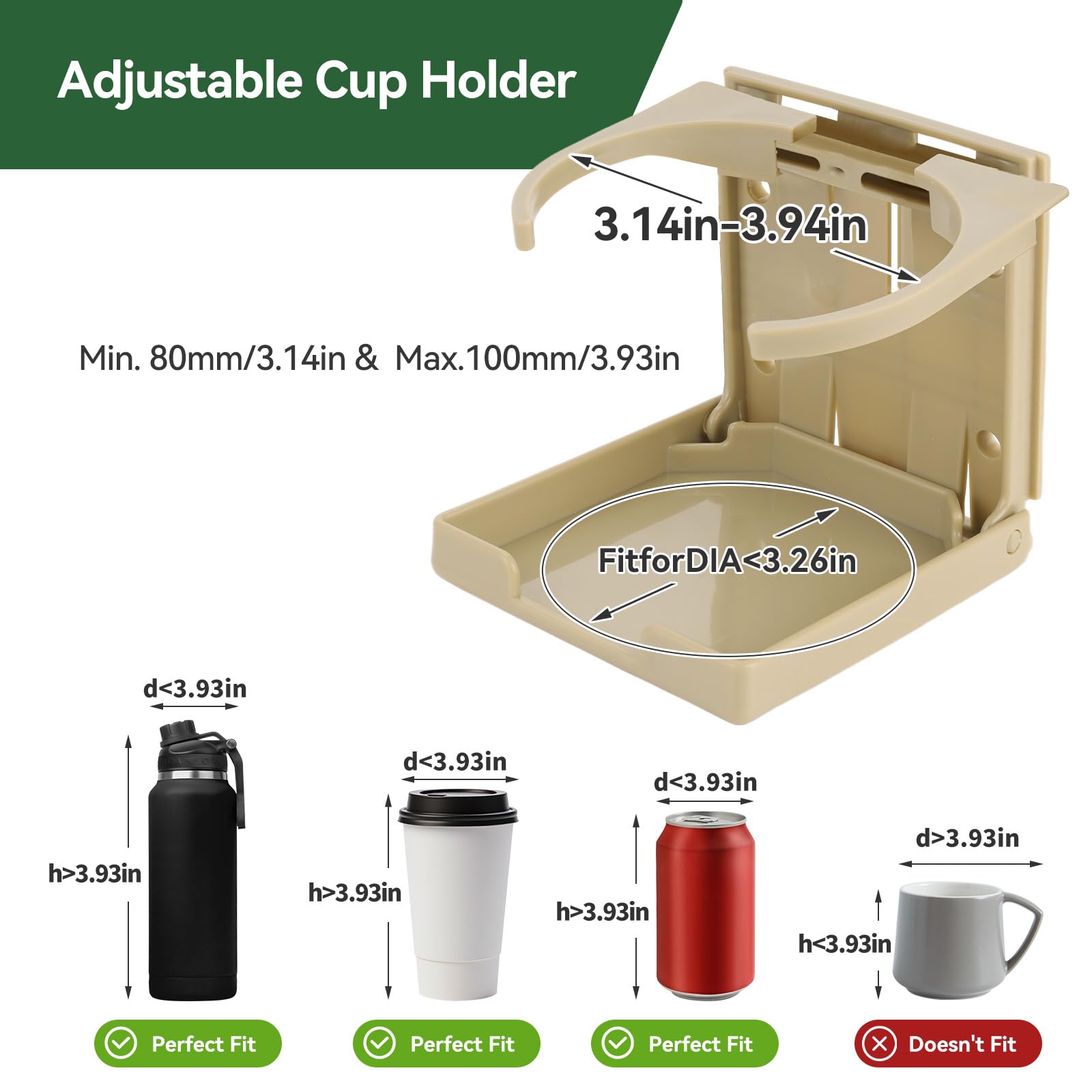2 portavasos plegables ajustables para botellas de agua para automóviles, se adapta a la mayoría de tamaños de botellas, con tornillos y cintas, para coche, camión, caravana, barco, furgoneta,