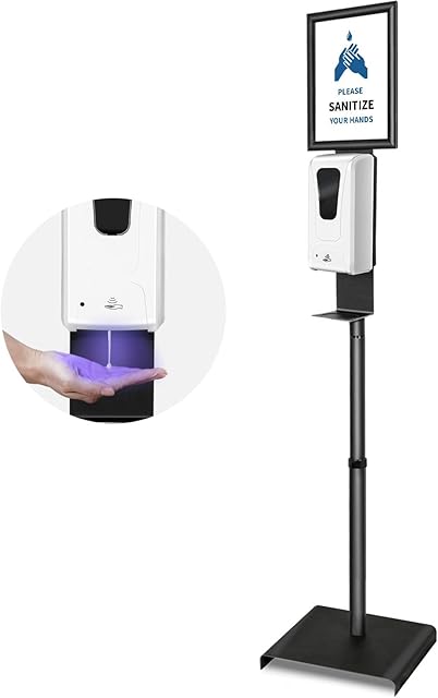 Hand Sanitizer Dispenser Stand with A4 Sign Board, 125-165cm Height Adjustable Sanitizer Dispenser, 1000ml Automatic Touchless Hand Sanitizer Station for Shops Schools Public Area