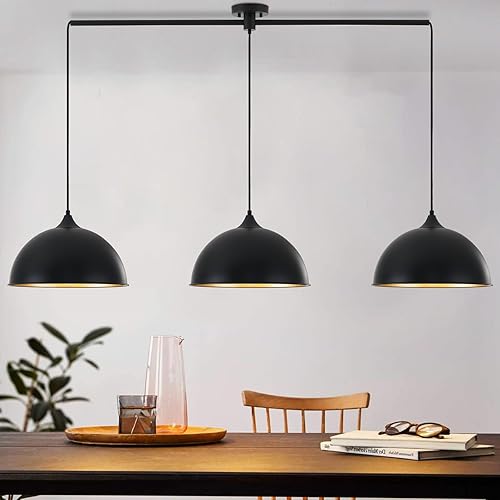 Miniatura 7 de Luces colgantes para isla de cocina, paquete de 3 lámparas colgantes de cúpula con acabado negro y dorado, lámpara colgante industrial para comedor,