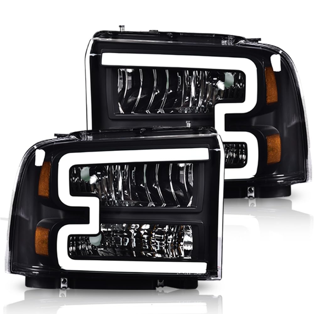 GRAND ORANGE LED DRL BAR Headlights Assembly Compatible with 2005-2007 Ford F250 F350 F450 F550 Super Duty/Fit 05 Ford Excursion Lamp Clear lens Amber reflector