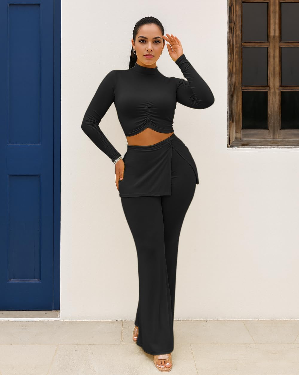 HWP Pants Sets Women 2 Piece Sexy Club Outfits Long Sleeve Ruched Crop Top Wide Leg Pants Matching Vacation Travel Set - Image 4