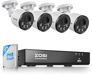 ZOSI 4K PoE NVR Security Camera System,4pcs 8MP Weatherproof Wired PoE Cameras,Smart Person Vehicle Detection,One-Way Audio,People Counting,H.265+ 4K/8MP 8CH NVR with 2TB HDD for Home 24/7 Recording asin的图片