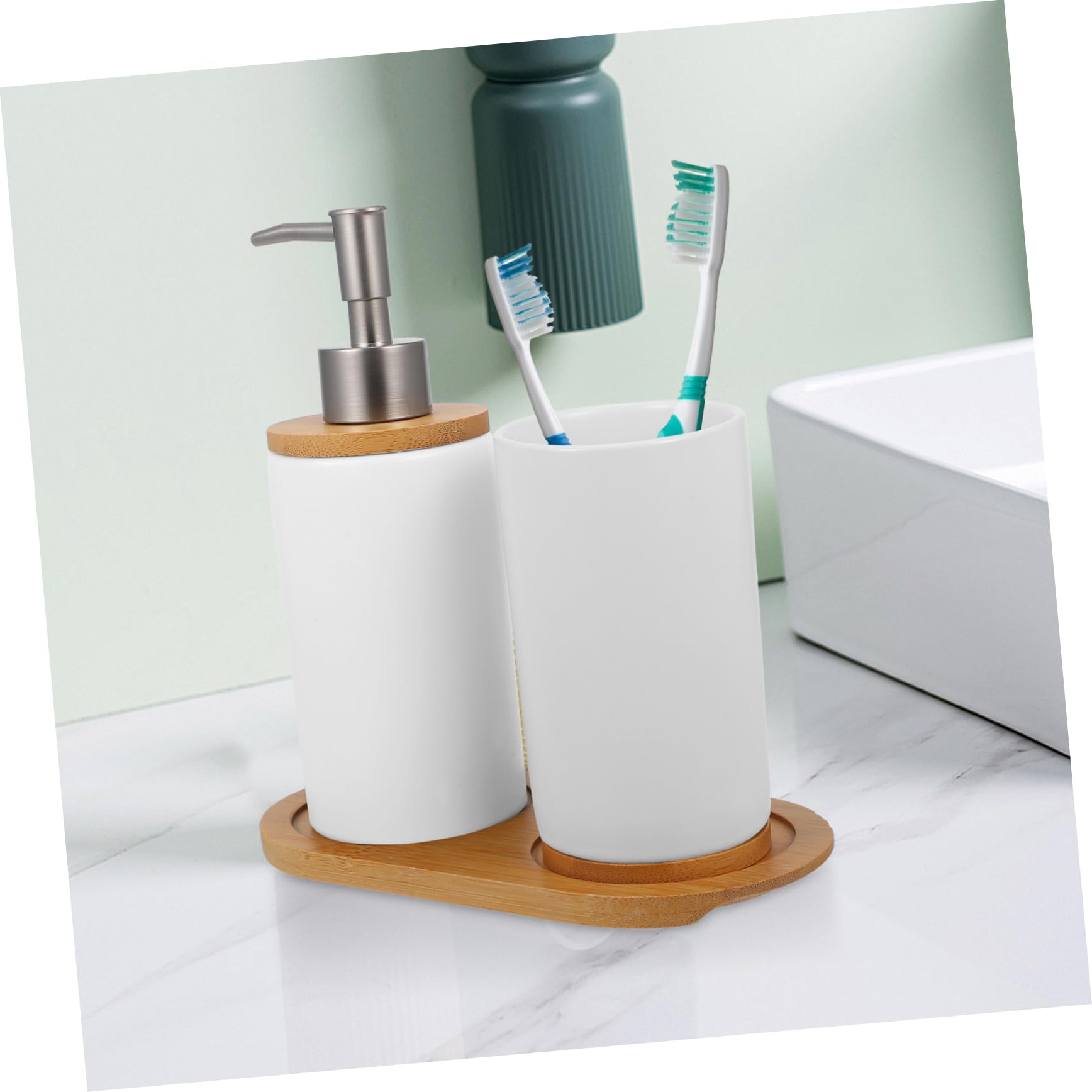Accessori Bagno Ceramica Bianco con Dispenser Sapone Pompa Bicchiere Portaspazzolino e Bottiglia Lozione con Base Design Nordico Elegante e Superficie Liscia Facile da Pulire
