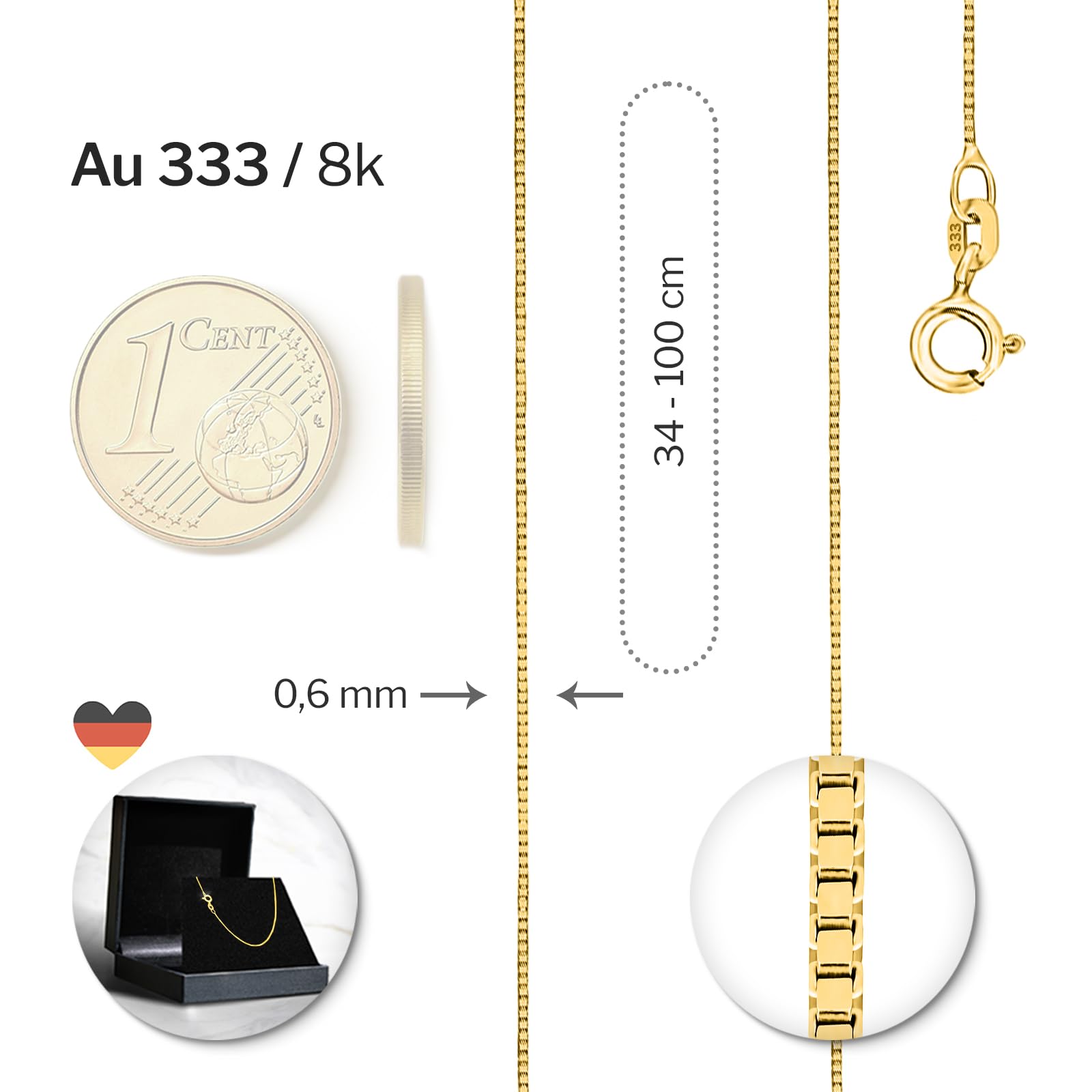 EDELIND Goldkette Damen 585 333 Echtgold - Venezianerkette 0.6mm auch 375, 750 Gelbgold - mit Geschenkbox