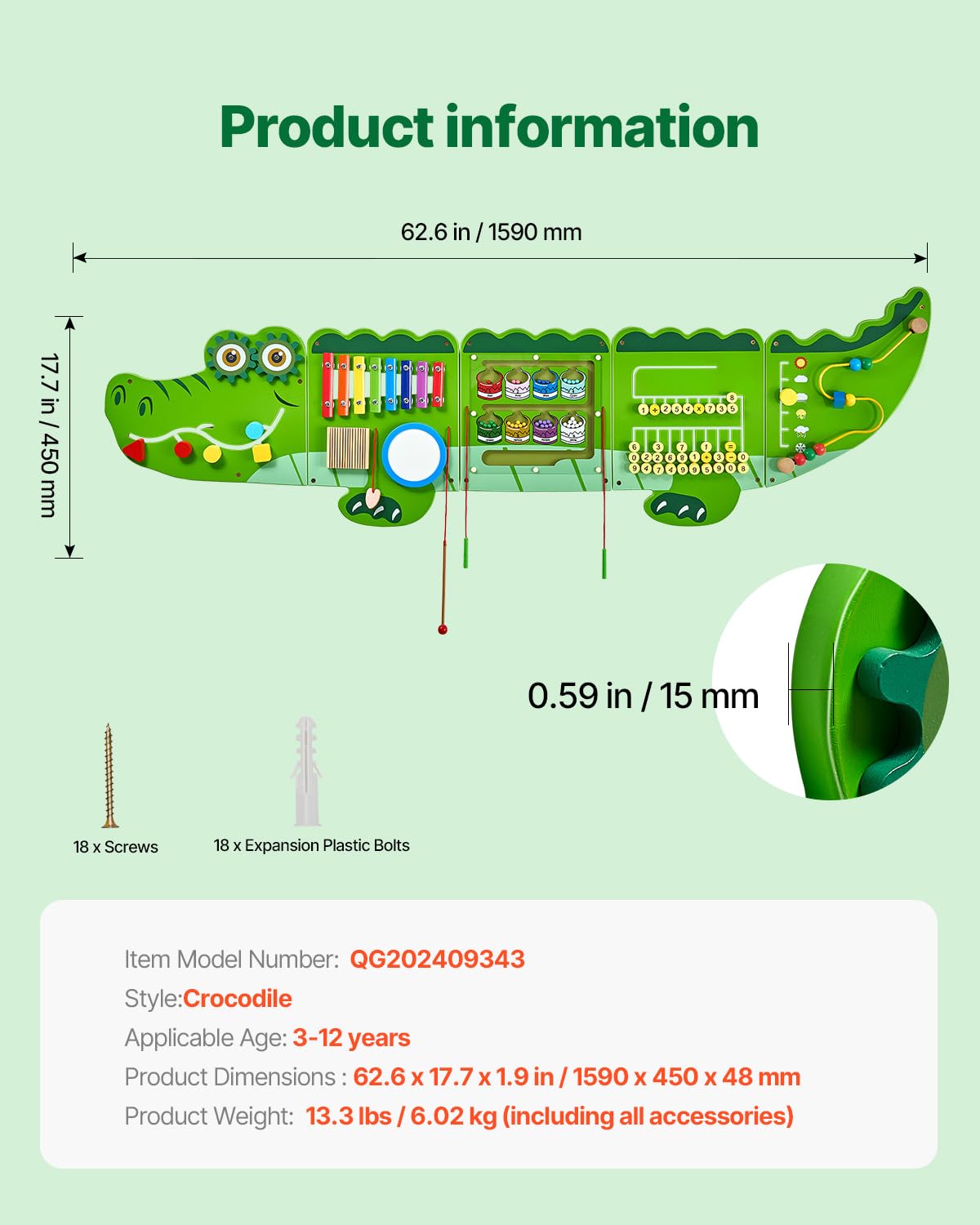 VEVOR Panneaux Muraux d'Activités Crocodile, 9 Jeux, Jouet Mural Sensoriel Montessori pour Enfants 3-12 Ans, Centre d'Activités d'apprentissage, Salle de Jeux des Tout-Petits, Crèche, Salle de Classe