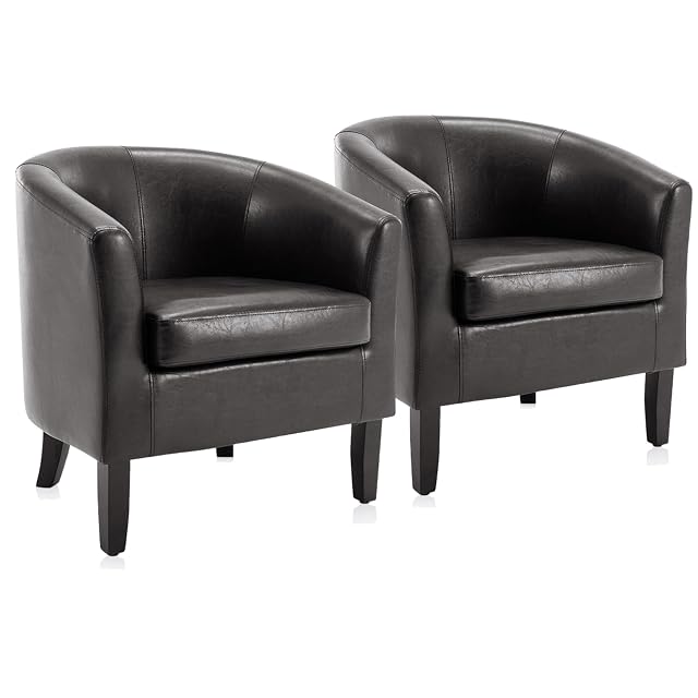 BELLEZE BELLEZE Accent Barrel Chair Set of 2, Linen Round Chair Club Tub Sofa Corner Chair with Flared Legs and Cozy Soft Padding for Living Room Bedroom Waiting Room - Brown