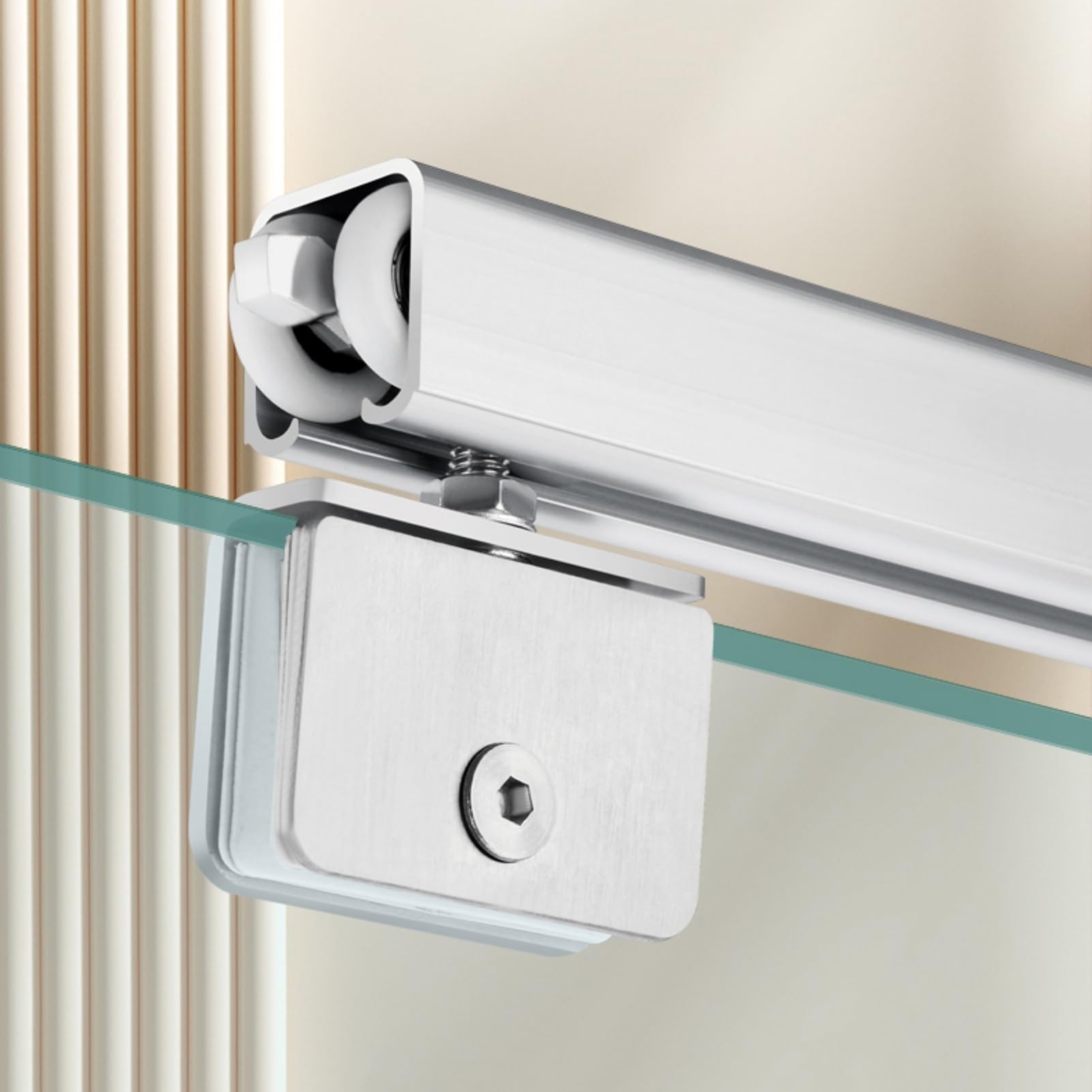 Kit Rail pour Porte Coulissante en Verre de 5-8 mm avec Roulettes, Kit de Quincaillerie Systeme Porte Coulissante pour Bibliothèque Vitrine et Armoires - Installation au Plafond(2.0m/6.6ft)