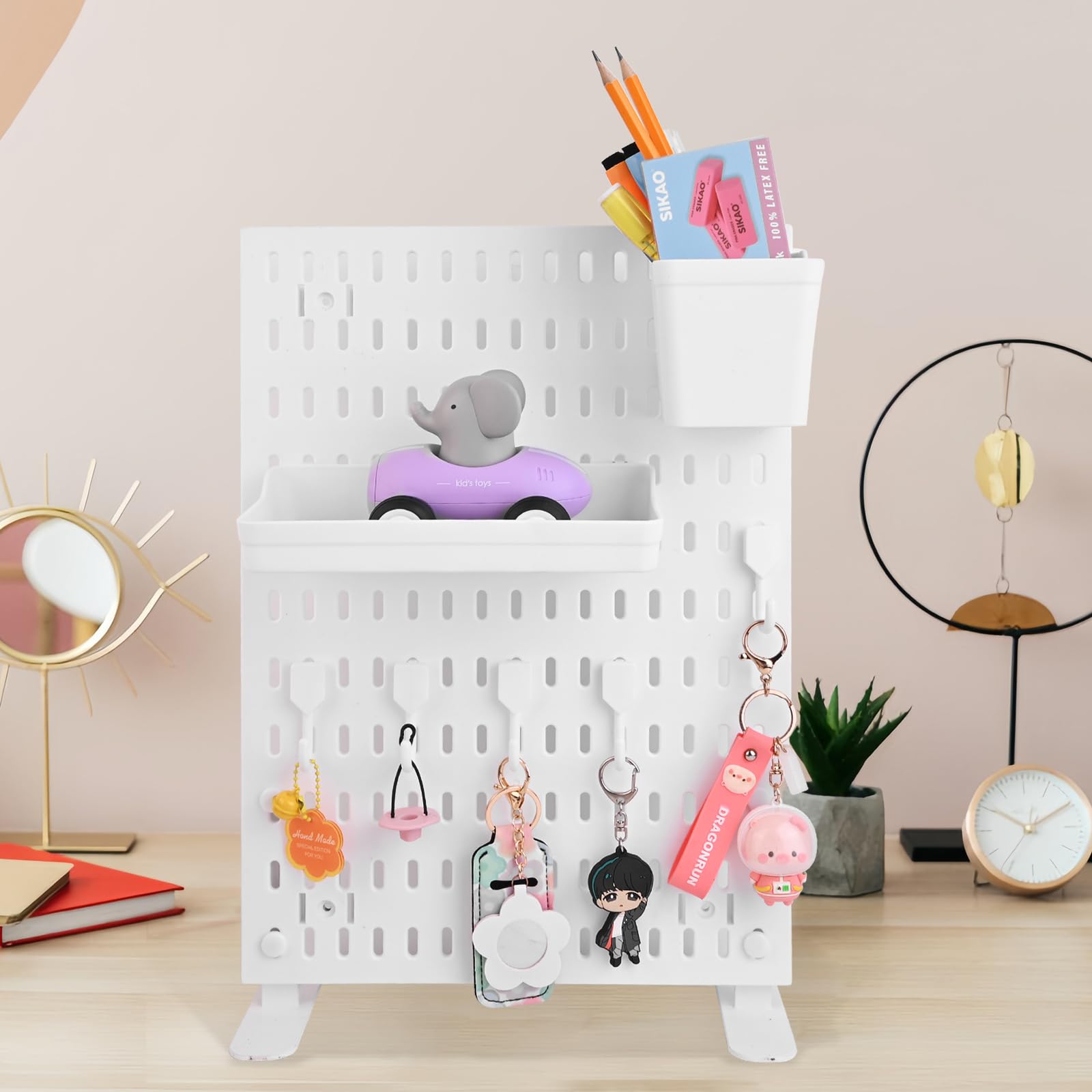 FULLTURN White Pegboard Combination Kit Desk Peg board with Plastic Shelf Baskets Organizer for Display Home Office 16.5