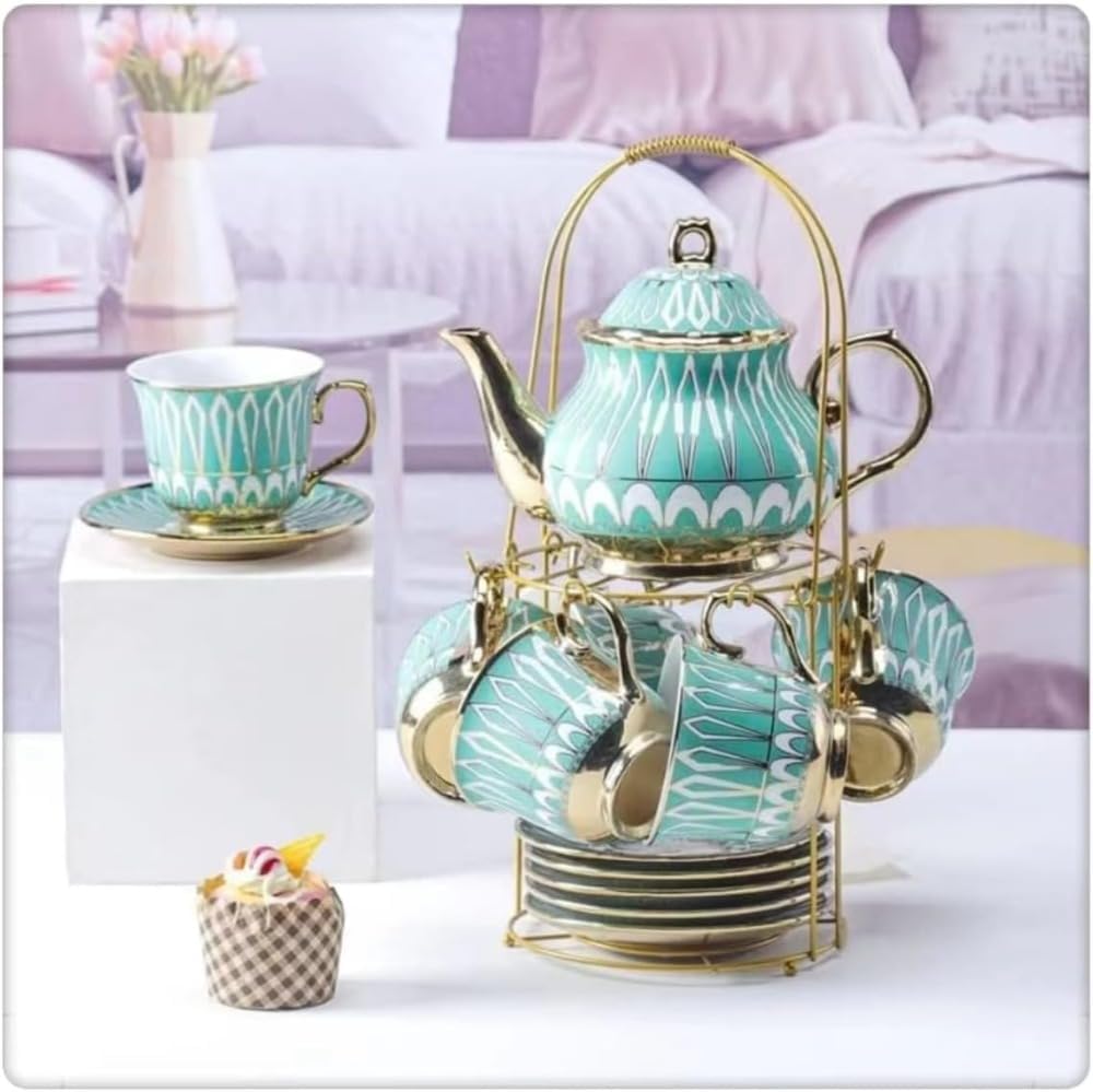 KQQK茶英国磁器マグカップ付きセラミックとティーソーサー大人のためのセラミックセットサービスアフタヌーンティー (グリーン)