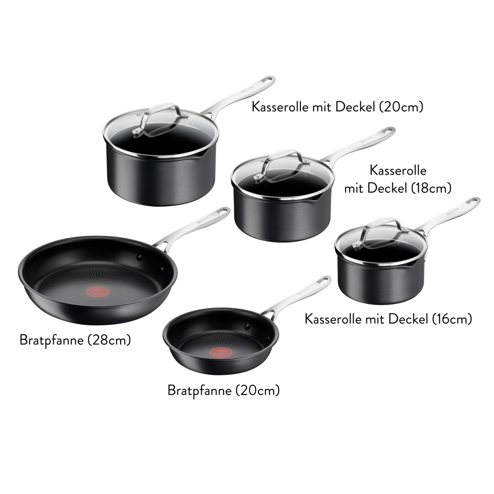 Jamie Oliver by Tefal Cook's Direct Kochgeschirr-Set, 5-tlg., Pfannenset induktionsgeeignet und backofenfest, langlebige Antihaftbeschichtung, harteloxiertes Material, Thermo-Signal, Schwarz, E017S555