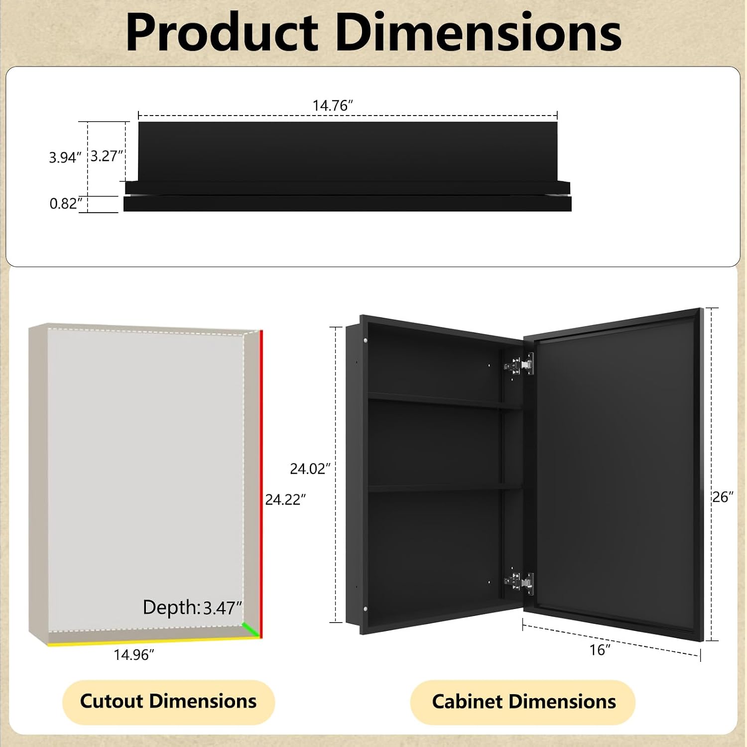 Bathroom Medicine Cabinet with Mirror, Recess or Surface Mount, Single Door Cabinet Famerhouse Bathroom Mirror with Storage Cabinet (Brush Black, 16"x26")