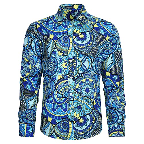 HISDERN Camisa para Hombre Casual Florales Azules Camisas de Manga Larga con Botones Elegante Funky...