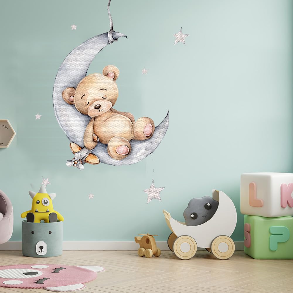 Graz Design Adesivo Murale Per Cameretta: Orsetto, Luna E Stelle, 84x64 Cm, Rimovibile