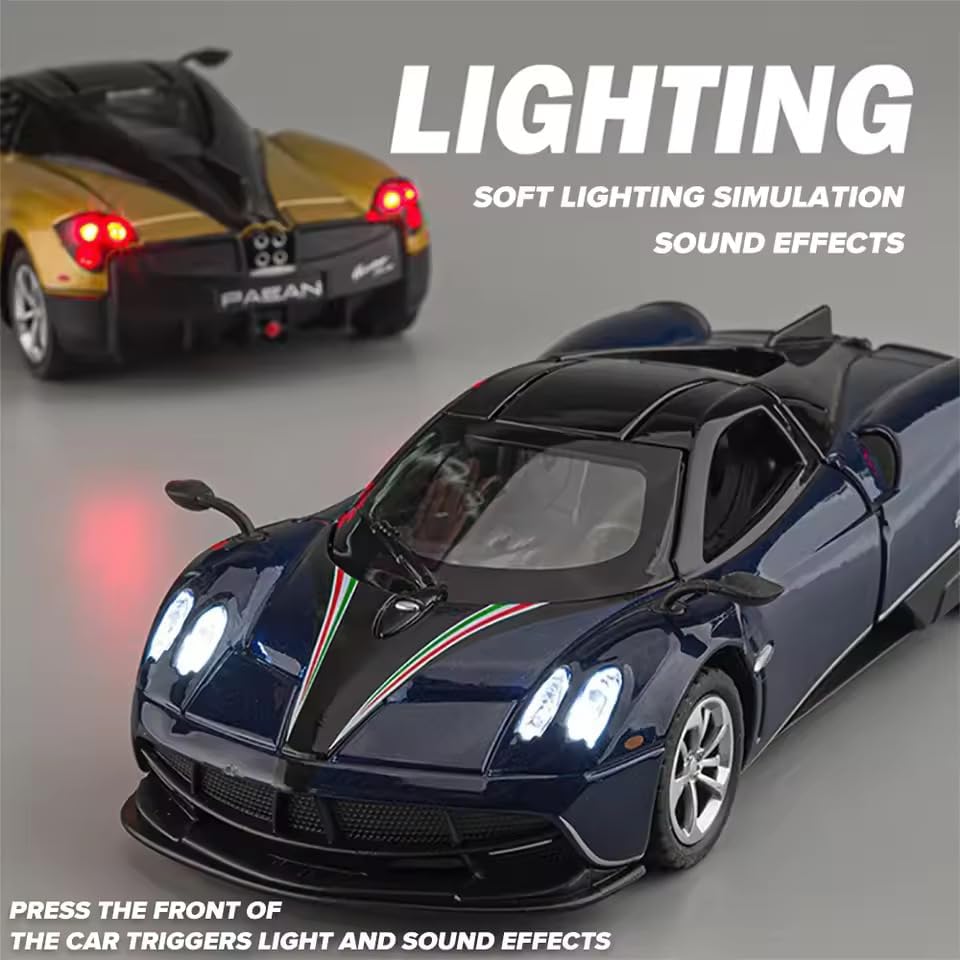 Image of Pagani Huayra 1:32 Scale Die-Cast Model Car | Pull-Back Action Toy with Openable Doors, Lights & Sound | Premium Collectible Car for Kids & Adults | Colors as Per Stock