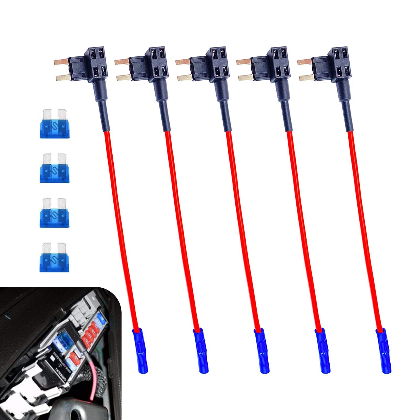 Hawyet 5 PCS Car Fuse Tap Adapter, 12V Car Additional Circuit Fuse Connector Adapter with Four 15A Blade, Small Fuse Box Pure Copper Wire Replacement, Universal for Cars Accessories (Black & Blue)