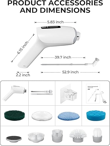 Miniatura 9 de Limpiador eléctrico giratorio, cepillo de limpieza inalámbrico con 9 cabezales de cepillo reemplazables, mango de extensión de 3 velocidades para