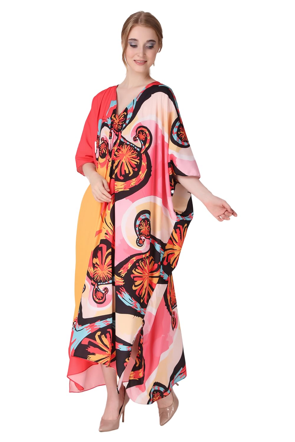 dressprinted V-Neck Printed Crepe Maxi Length Long Kaftan Dress for Women Multicolor Freesize-picture-21