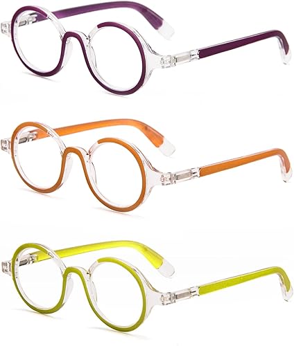Miniatura 9 de KoKoBin Paquete de 3 lentes de lectura redondos pequeños, cómodos lectores, marco elegante de colores para mujeres y hombres