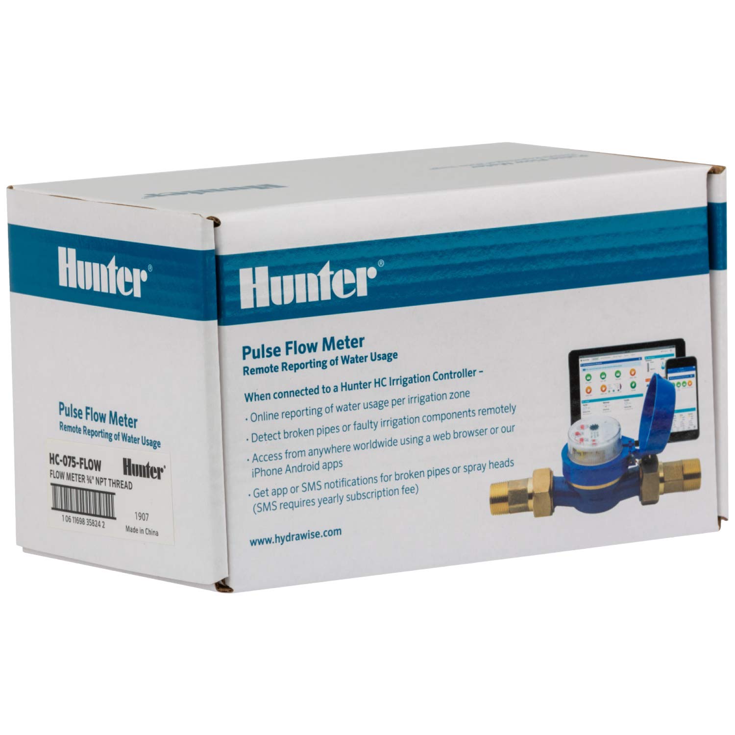 Hunter HC075FLOW 3/4" Flow Meter, Stainless Steel Irrigation Sensor for Hydrawise, Tracks Water Usage, Detects Leaks, Monitors Flow, Compatible with HC HPC Pro-HC HCC Controllers