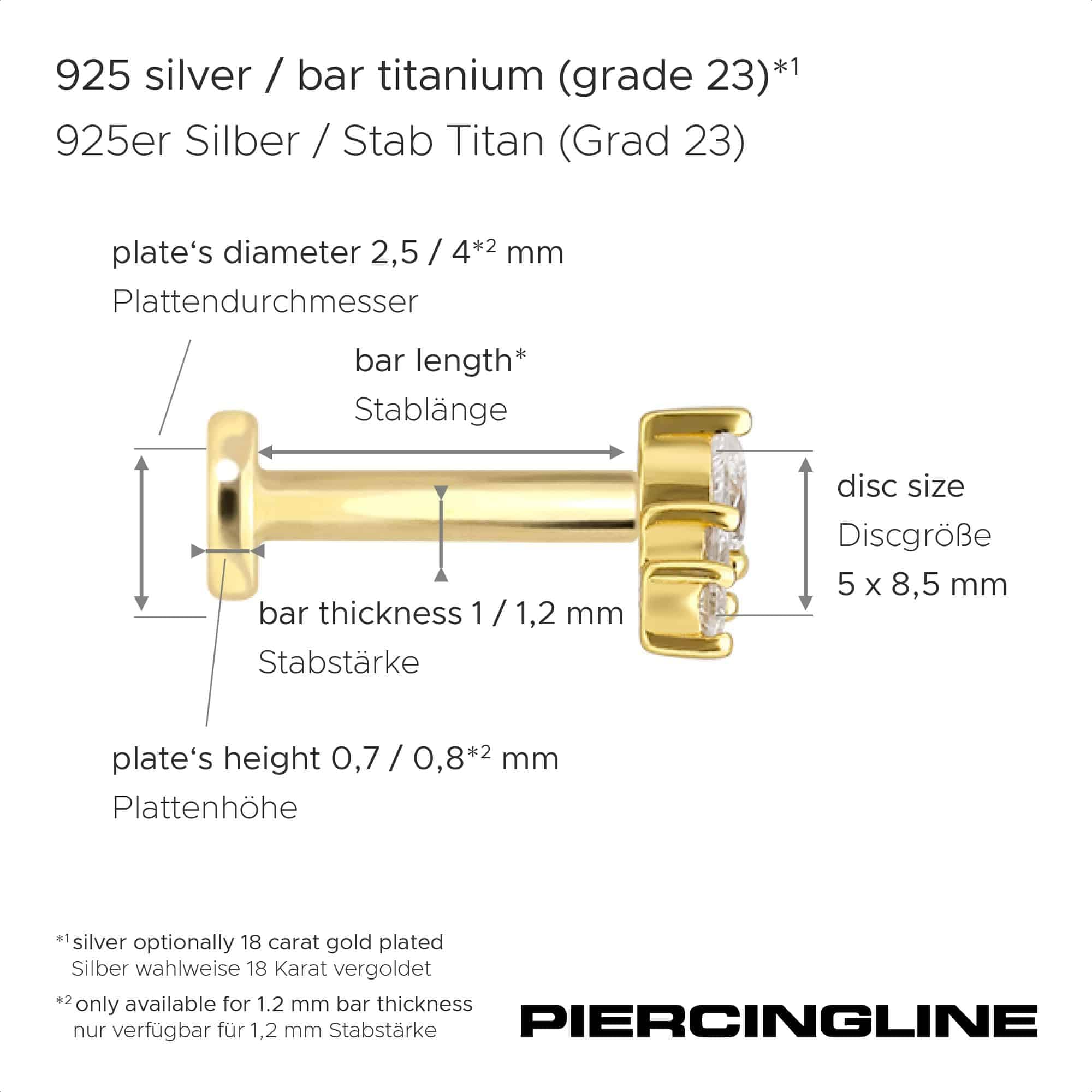 PIERCINGLINE Piercing Stecker Titan Labret mit Innengewinde + 925er Silber Aufsatz MOISSANIT-BOGEN - Goldfarben, Silberfarben