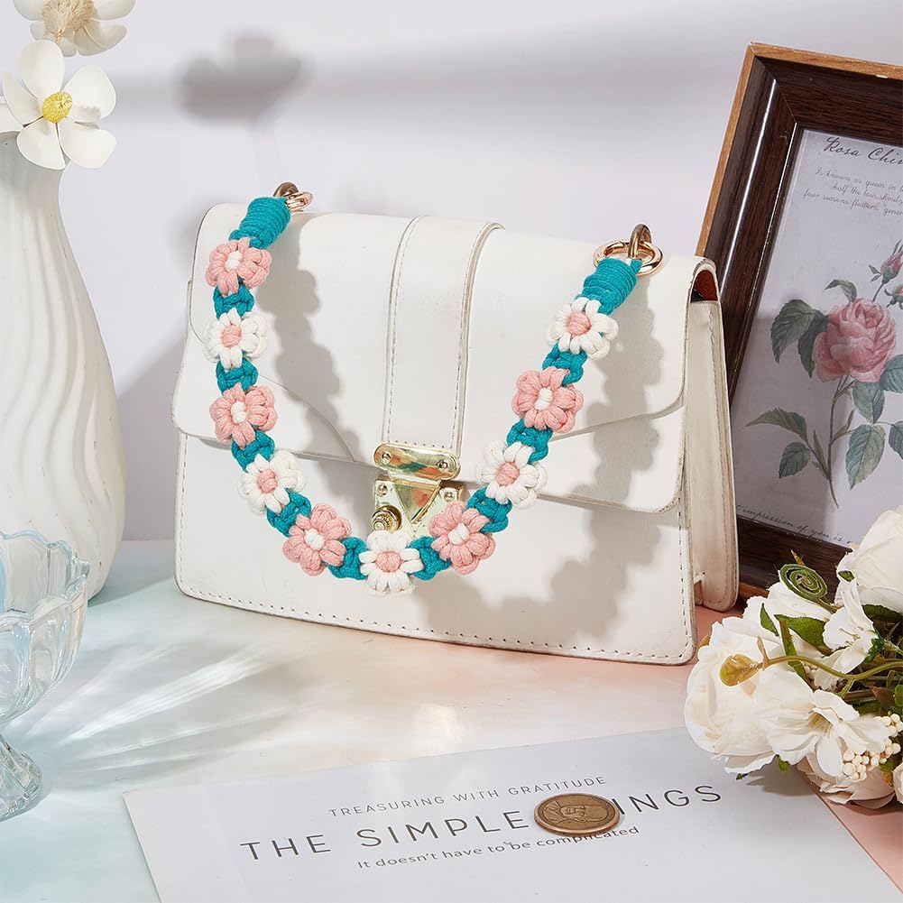 Beebeecraft 2Pcs Short Purse Chain Strap Daisy Flower Blue Cotton Handmade Flower Bag Strap Chain Purse Handle Extender with Alloy Clasps for Handbag Wallet Crossbody Shoulder Bags
