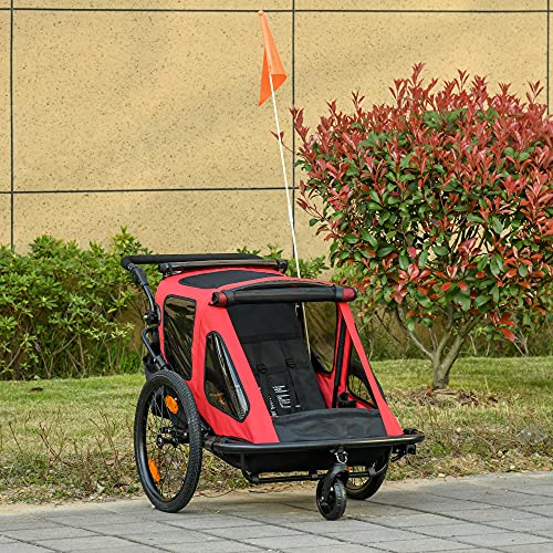 HOMCOM Kinderanhänger 2 in 1 Design Fahrradanhänger mit Aufbewahrungstasche Kinderwagen mit Mesh-Tür Fahne 360° Drehbar Klappbarer Kinderanhänger Metall Oxford Rot+Schwarz 160 x 83 x 96 cm