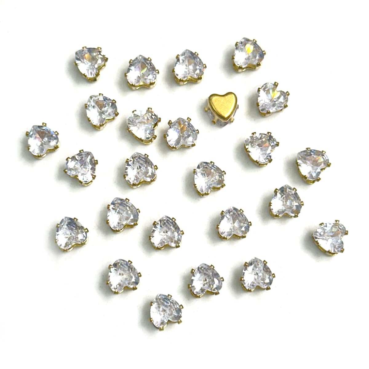 EmbroideryMaterial Silver Rainbow Crystal Rhinestones in Golden Metal Back Crown Prong Setting Claw for Craft, Jewellery Making, earrings, Embroidery, Fabric, Chain etc (Heart Shape, 5X5MM, 50 Pieces)