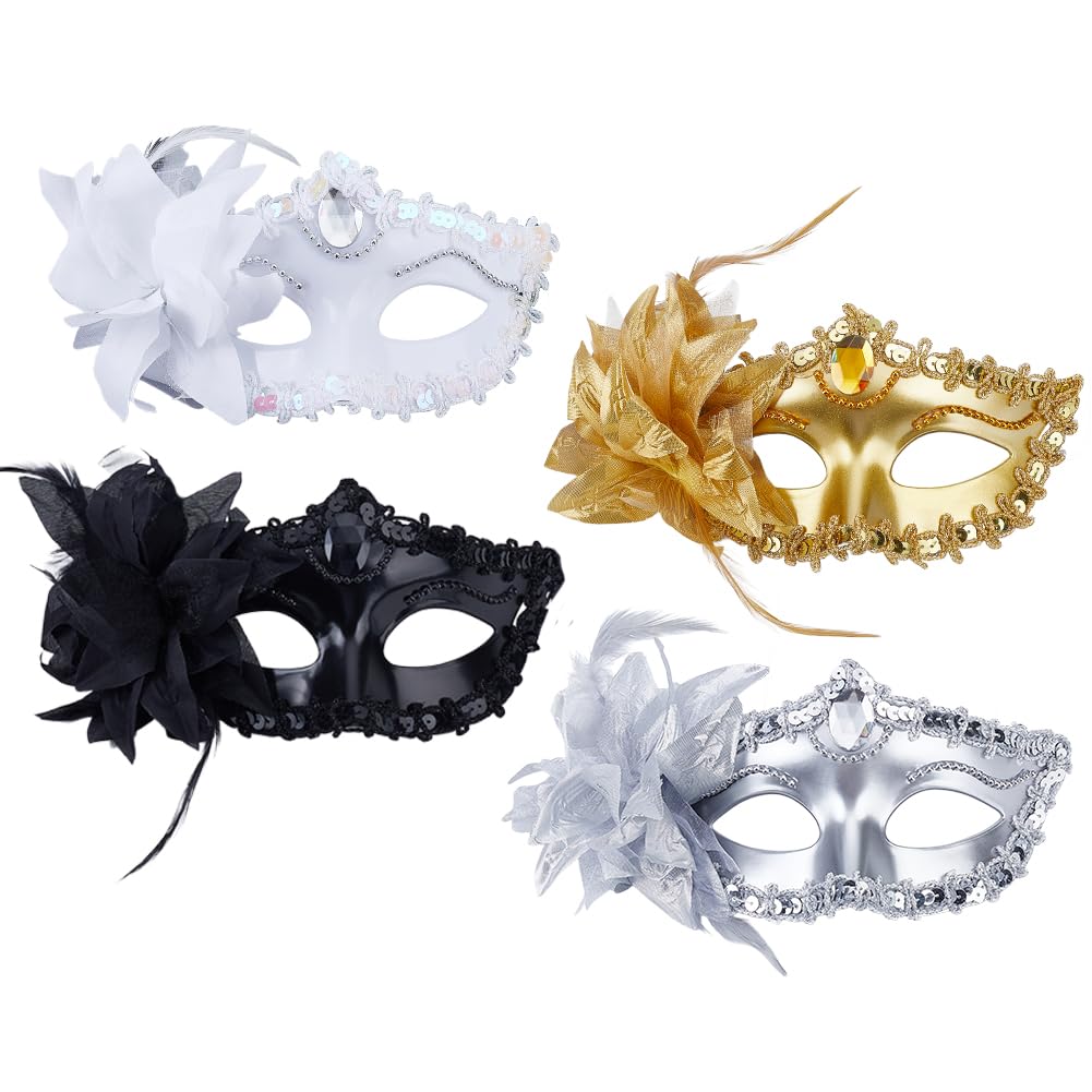 OLYCRAFT 4Pcs 4 Color Masquerade Mask Set Venetian Style Party Masks with Ties Rhinestone Masquerade Masks Reusable Feather Lace Party Mask for Women Halloween Carnival Mardi Gras Venetian