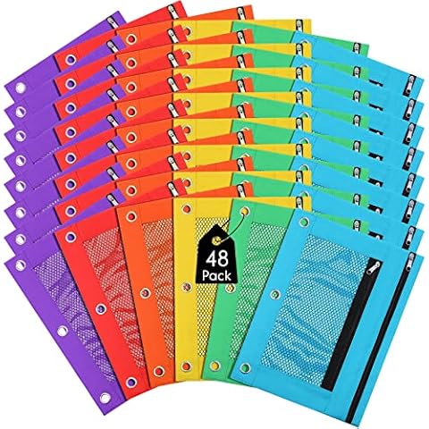 Leelosp 48 Pack Pencil Pouch for 3 Ring Binder Mesh Zipper Pencil Case Assorted Colors Pencil Bag Binder Pouches Pen Zipper Pouch for School Writing Utensils Storage Supplies Cover