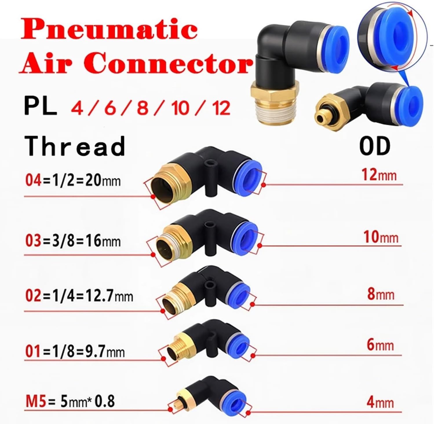 20/50/100PCS Push in 2 Way Connector 4-12mm Male Pneumatic Thread Elbow Joint Hose OD 1/8" 1/4" Air Fittings Universal(PL6-02,50 PCS)