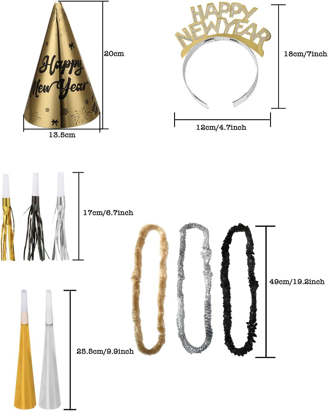 Auihiay 2026 New Year Eve Party Supplies - Includes Cone Hats, Glitter Tiaras, Horns, Noise Makers, Leis | 36PCS Black & Gold New Years Decorations for 12 Guests, Happy New Year 2026 & Photo Props