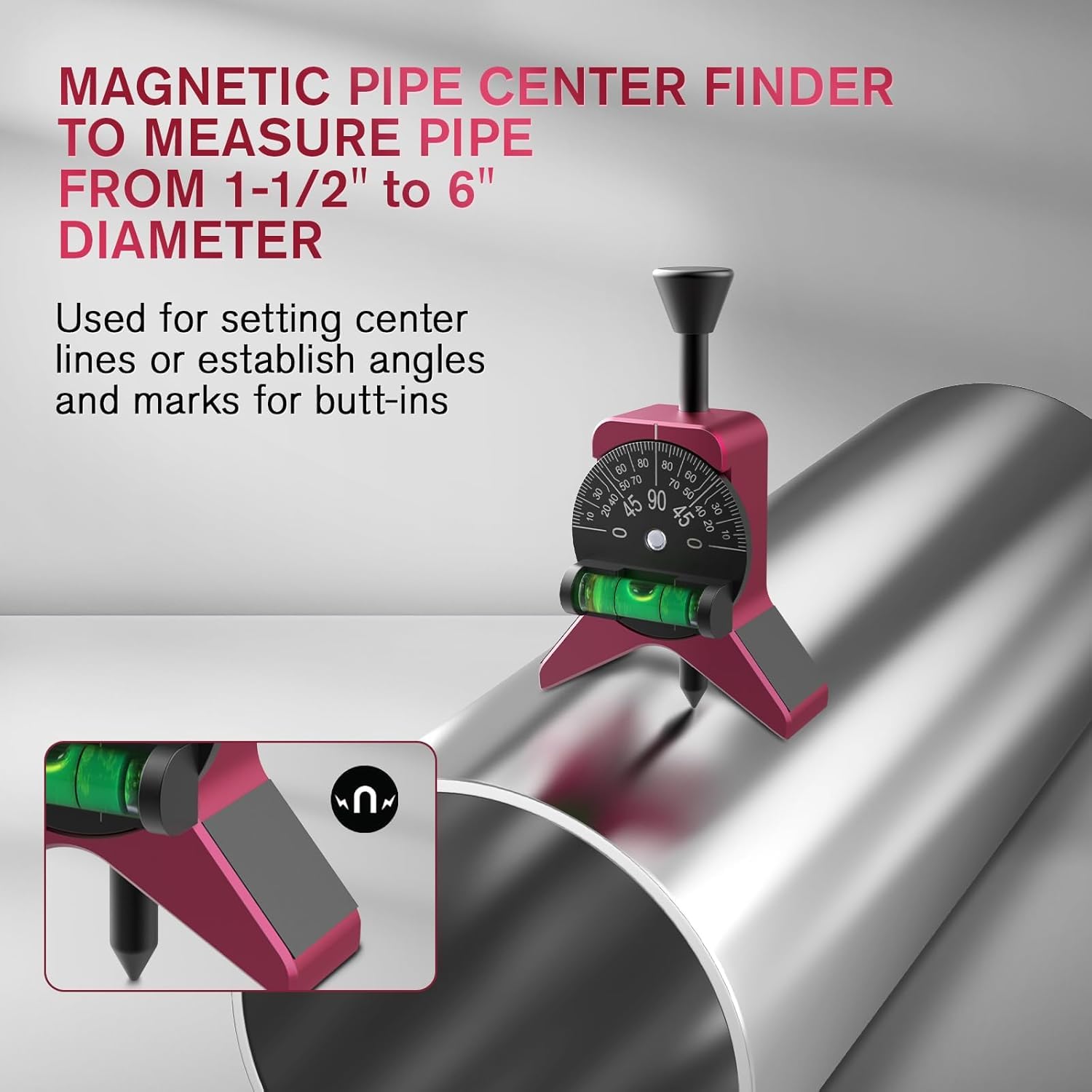 Strumento Centraggio Marcatubi, Magnetica Strumento di Centraggio per Marcatori di Tubi di Sicurezza, Pipe Center Finder Cercatore centrale per tubi con Goniometro a Bolla von 1-1/2" bis 6"