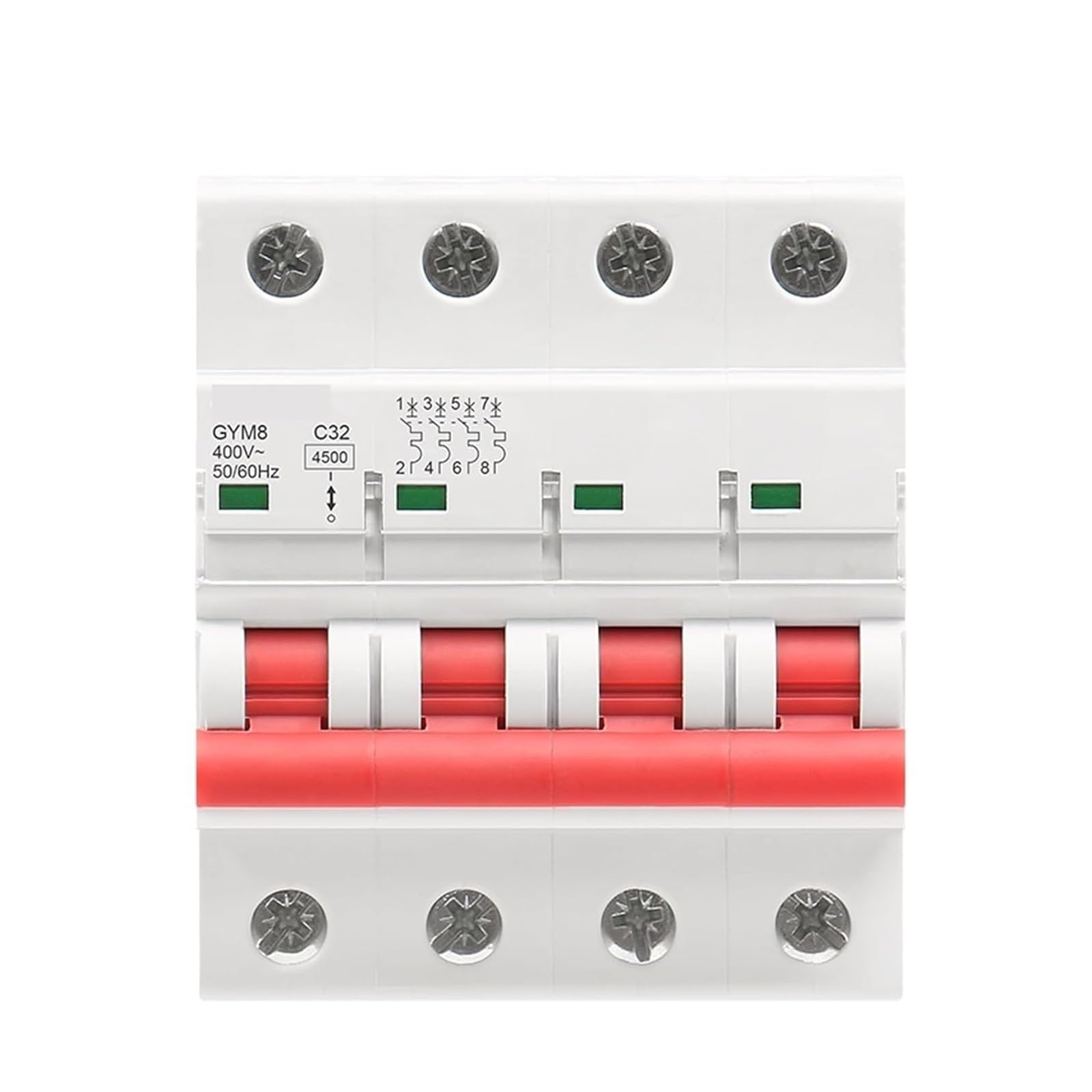 Mini disyuntor GYM8 4 polos 25A con corte automático e indicador visual de estado para carril DIN