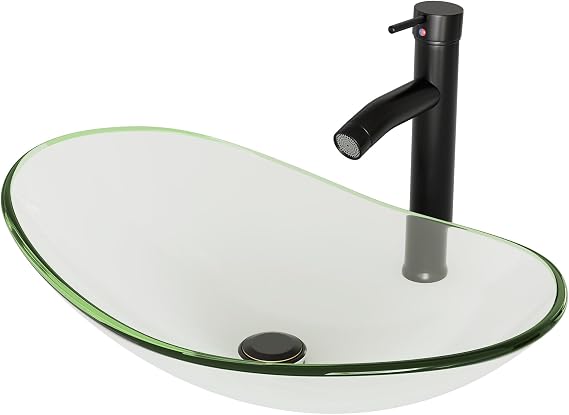 Vessel Sink Bathroom Sinks Tempered Glass Art Basin 20.8x13.7 Oval Bowl Above Counter with Faucet and Pop-Up Drain Combo, Oval Transparent Countertop Bowl Sink for Lavatory