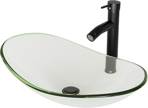 Vessel Sink Bathroom Sinks Tempered Glass Art Basin 20.8x13.7 Oval Bowl Above Counter with Faucet and Pop-Up Drain Combo, Oval Transparent Countertop Bowl Sink for Lavatory