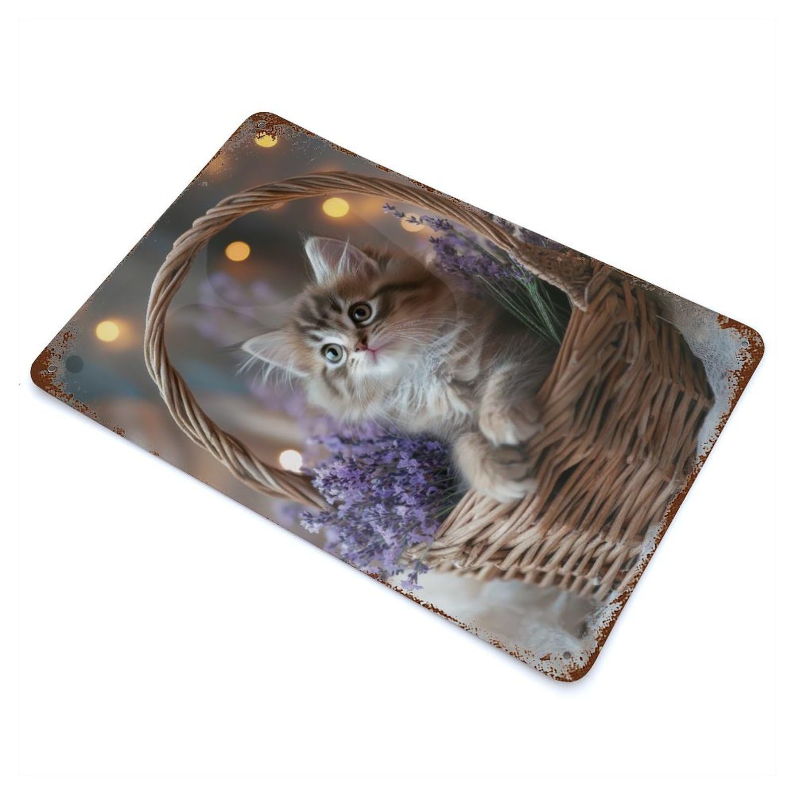Garage Style Kitten in Lavender Basket Vintage Metal Tin Sign 11.8"x7.9", Retro Wall Decor for Bar And Workshop