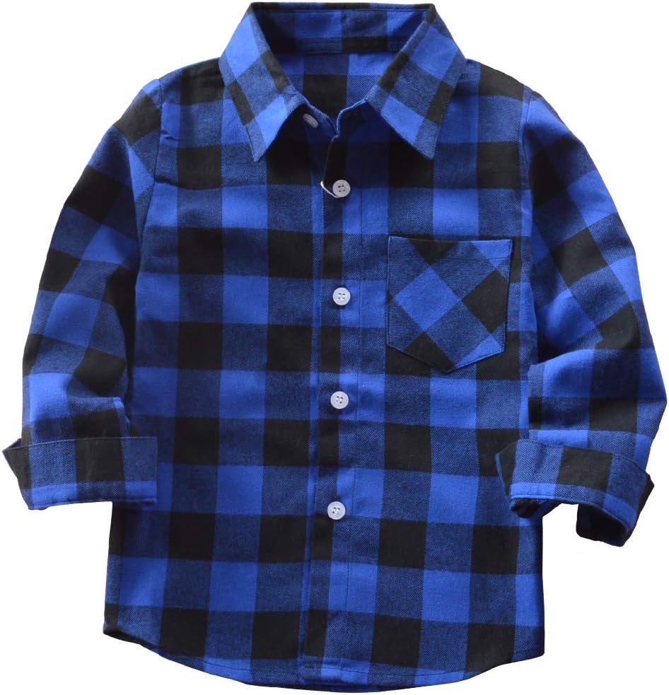 (4-5T) Kids Little Boys Girls Baby Long Sleeve Button Down Red Plaid Flannel Shirt Plaid Girl Boy NB-6T 4-5T Blue