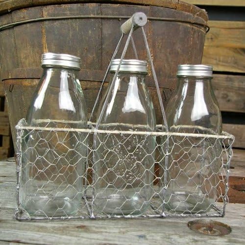 Chicken wire basket, wood handle, three glass milk bottles with lid