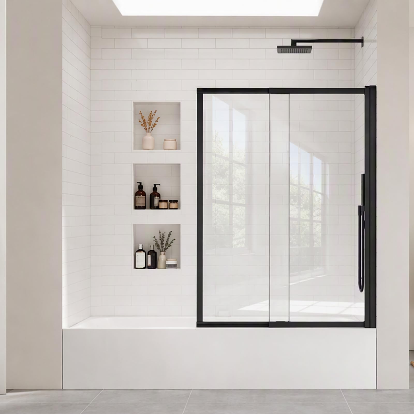 44 in.W x 57 in.H Frameless Pivot Tub Shower Screen Door, Black