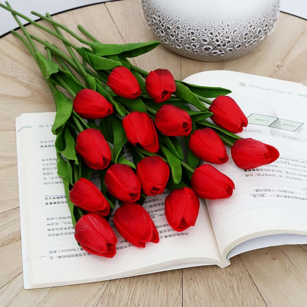 YAHOME 2pcs Fake Tulip Artificial Flower Plants Real Touch Greenery Decoration Bouquet for Anniversary Home Garden Office Wedding Party Wall Decoration Balcony Decoration (Red)