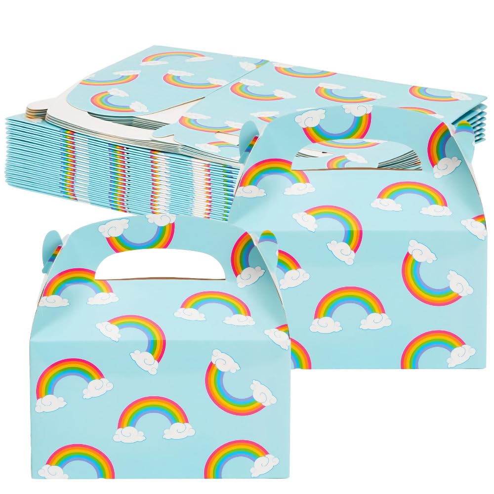 24 Rainbow Dessert Boxes Party Food Boxes with Handles Blue Rainbow Candy Box Birthday Party Supplies For Small Candy Treats Biscuits Cake Gift Boxes 15x9x9cm