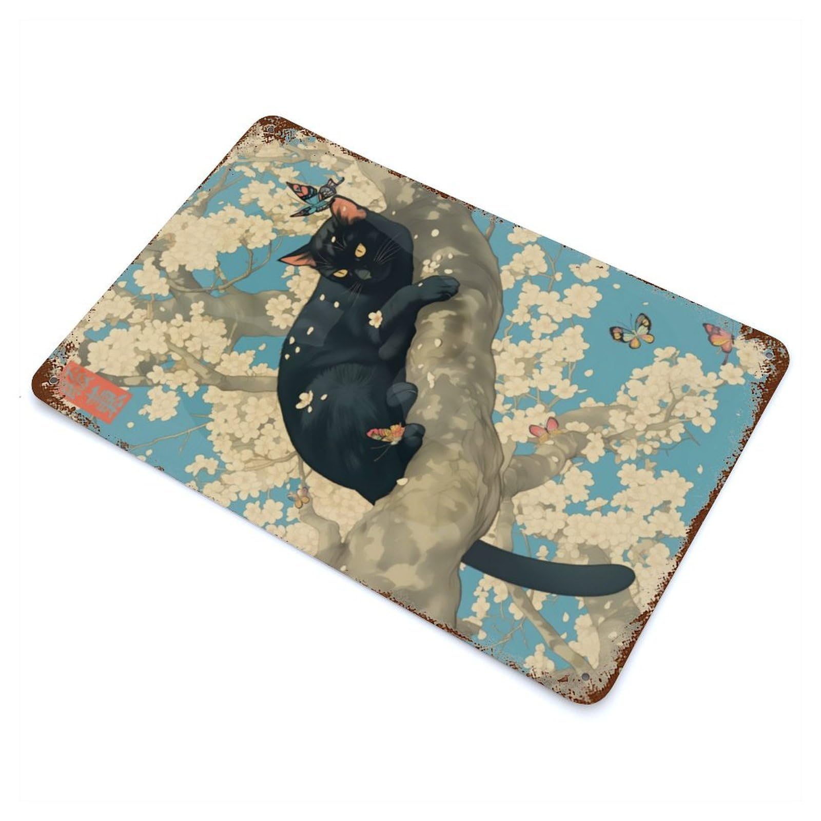 Black Cat Sakura Tree Rustic Tin Plaque 11.8"x7.9", for Shed, Workshop And Garage Wall Decor, Shabby Chic Decor